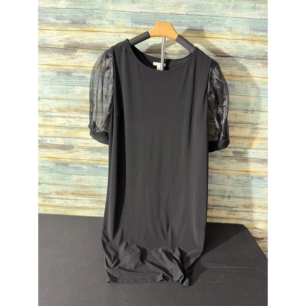 Cato Shift Dress L Black Excellent Sheer Floral Mesh Puff Sleeve Round Neck - Picture 2 of 4